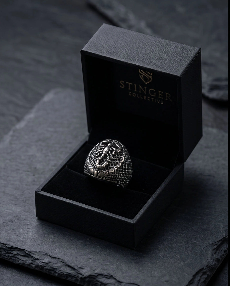 Oxidized Silver Sculpted Scorpion Mesh Ring