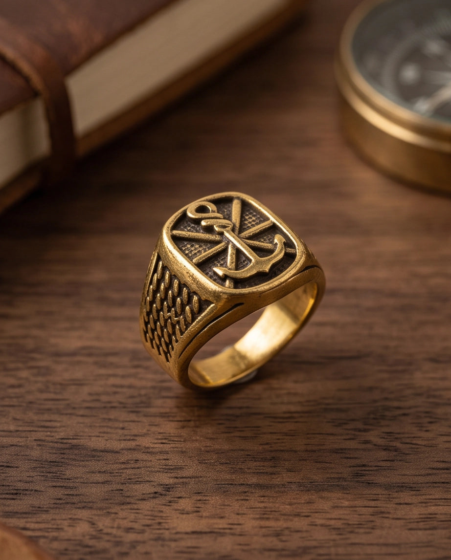 Anchor Sunburst Cushion Gold Signet Ring