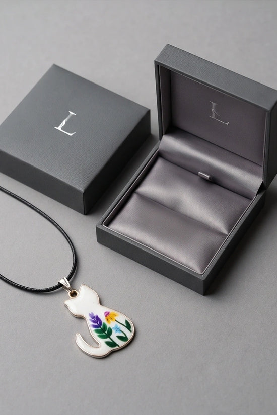 Artistic Floral Botanical Feline Silhouette Pendant Necklace