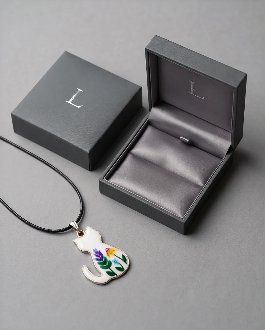Artistic Floral Botanical Feline Silhouette Pendant Necklace