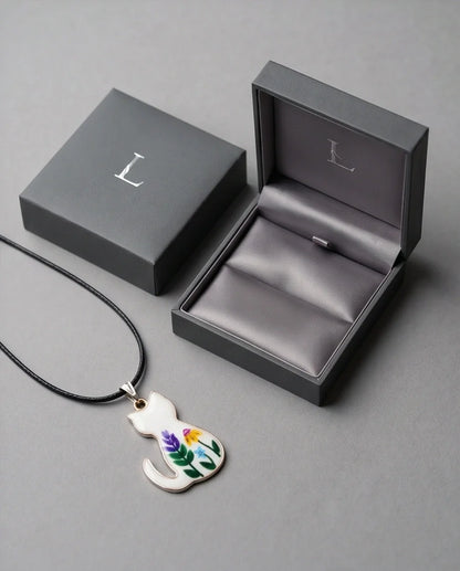 Artistic Floral Botanical Feline Silhouette Pendant Necklace