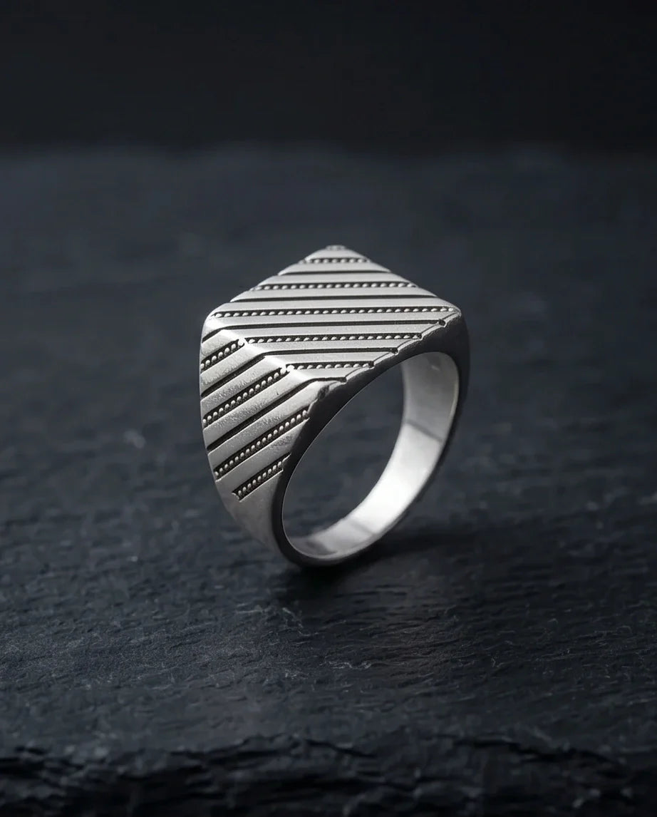 Sterling Silver Diagonal Pinstripe Geometric Signet Ring