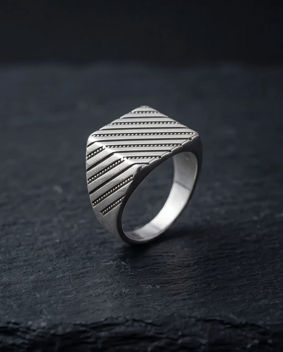 Sterling Silver Diagonal Pinstripe Geometric Signet Ring