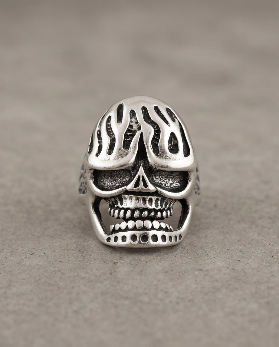 Fluted Flame-Crown Anatomical Skull Silver Ring
