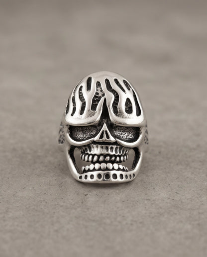 Fluted Flame-Crown Anatomical Skull Silver Ring