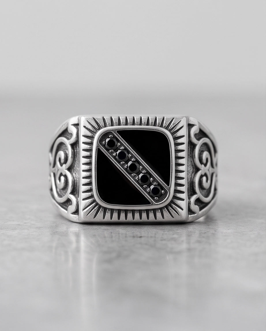 Dark-Stone Channel Inlay Filigree Scroll Silver Ring