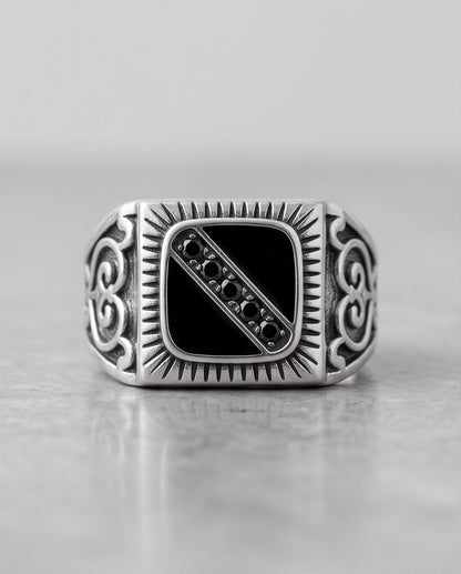 Dark-Stone Channel Inlay Filigree Scroll Silver Ring