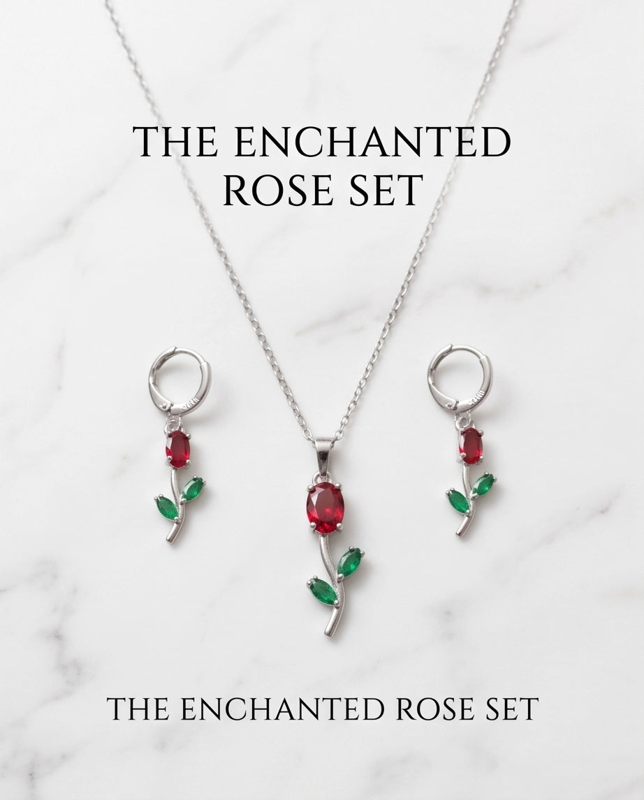 Silver Crystal Rose Necklace Set