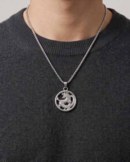 Silver Circular Dragon Medallion Pendant Necklace