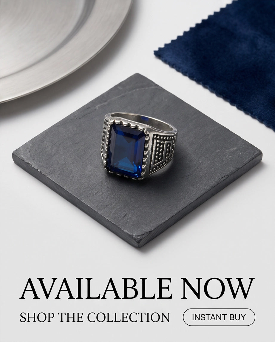 Sapphire Blue Emerald-Cut Gemstone Dot Matrix Architectural Silver Ring