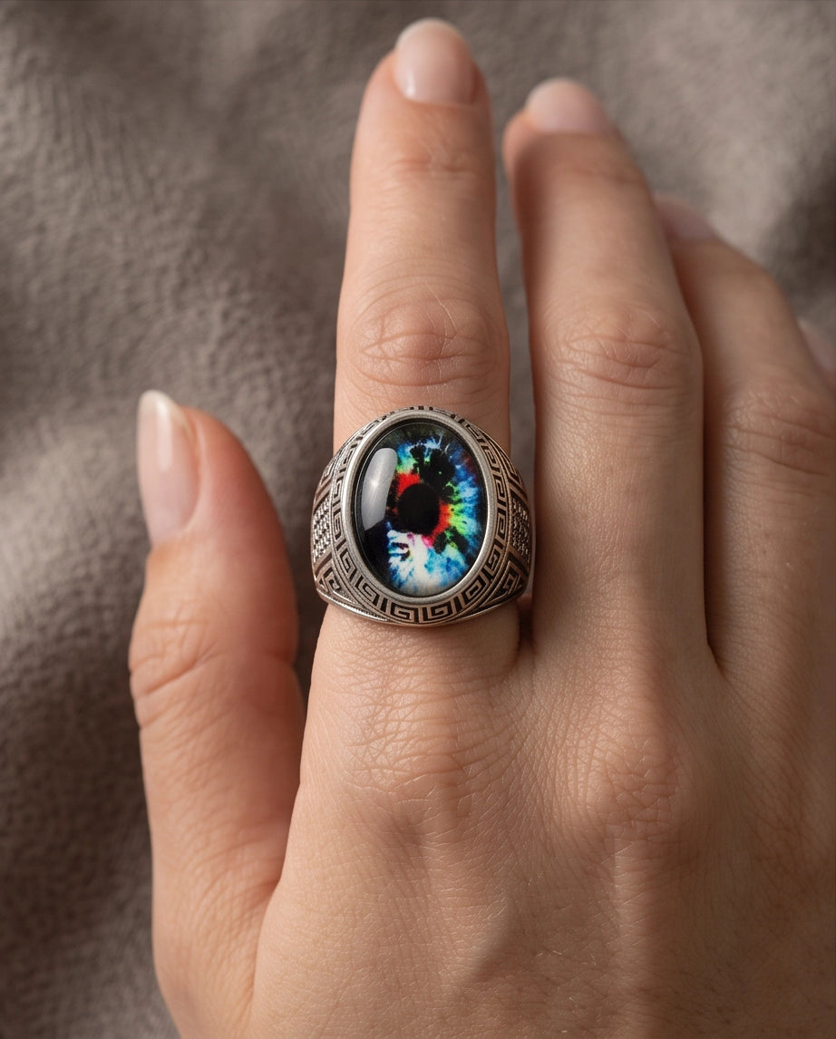 Cosmic Multi-Color Tie-Dye Cabochon Greek Key Silver Ring