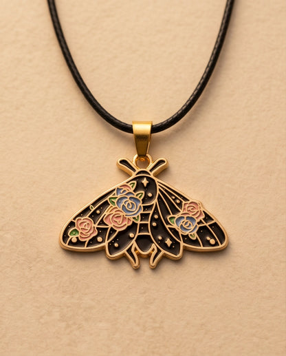 Gold Floral Moth Enamel Chain Necklace