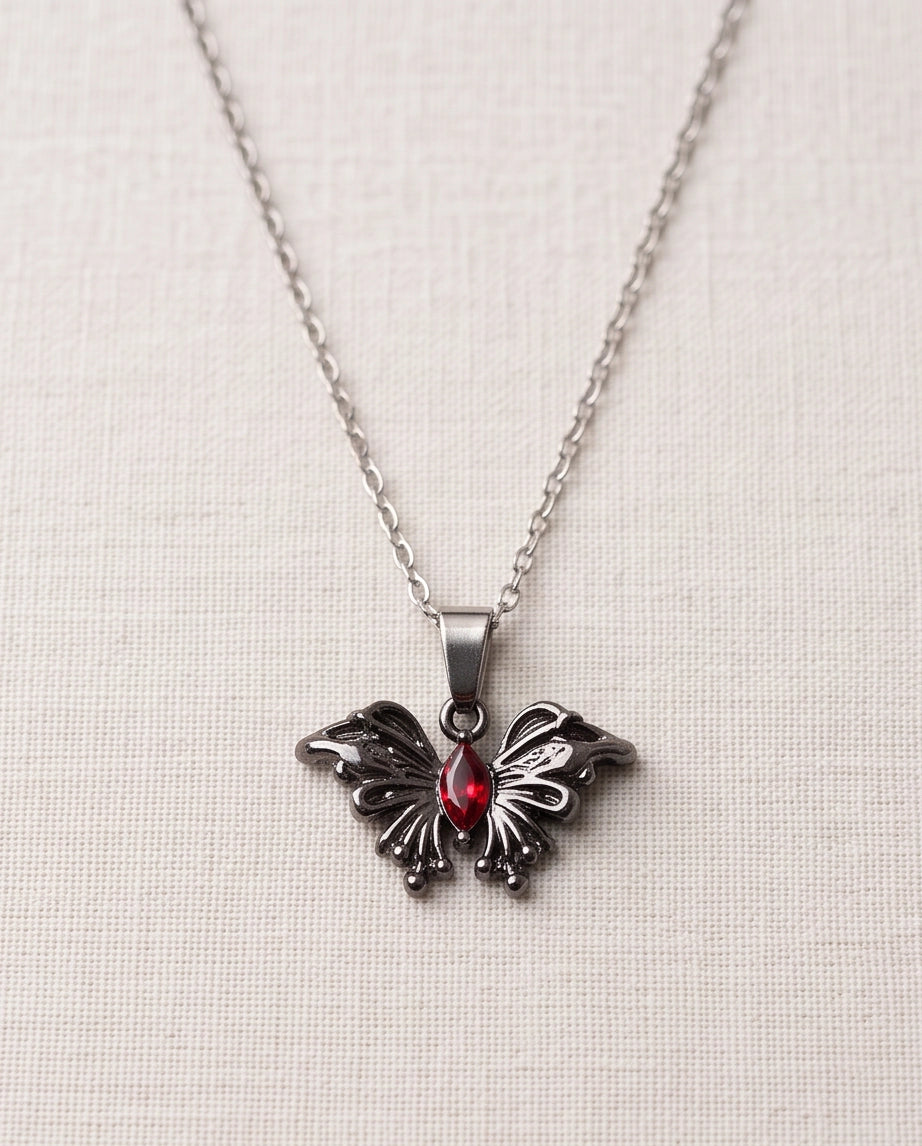 Black Gothic Butterfly Red Gem Pendant Necklace