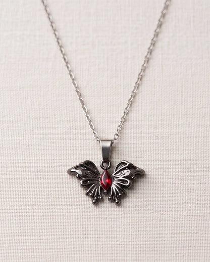 Black Gothic Butterfly Red Gem Pendant Necklace