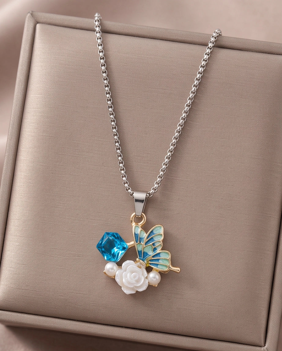 Gold Blue Enamel Butterfly & Pearl Rose Cluster Pendant Necklace