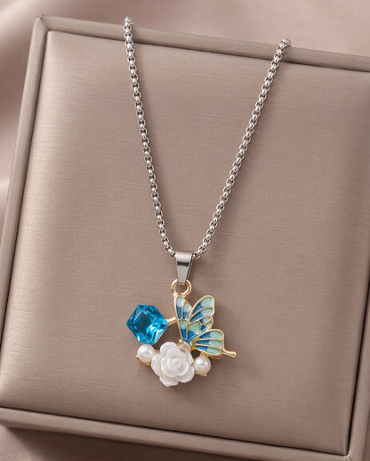 Gold Blue Enamel Butterfly & Pearl Rose Cluster Pendant Necklace
