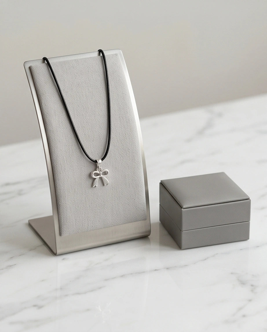 Silver Polished Ribbon Bow Necklace