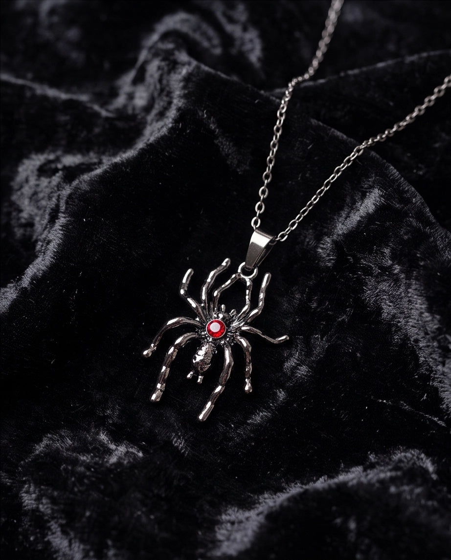 Black Spider Red Round Crystal Gem Pendant Necklace