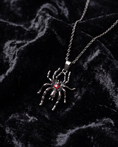 Black Spider Red Round Crystal Gem Pendant Necklace
