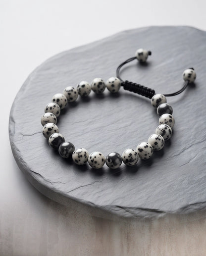 Dalmatian Jasper Black & White Speckled Stone Beaded Adjustable Macrame Bracelet