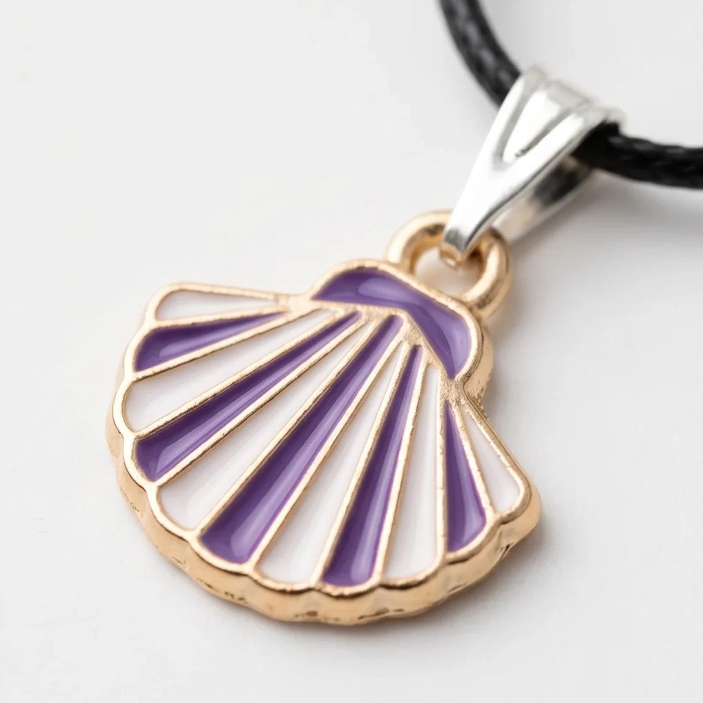 Striped Purple and White Seashell Enamel Pendant Necklace