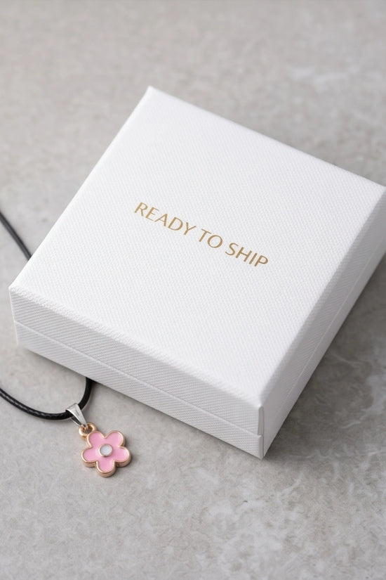 Dainty Pink Five-Petal Flower Enamel Pendant Necklace