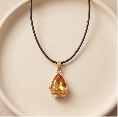 Gold Amber Teardrop Floral Basket Pendant Necklace