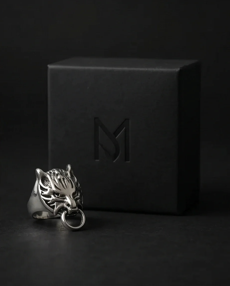 Vintage Silver Oxidized Viking Wolf Door Knocker Ring