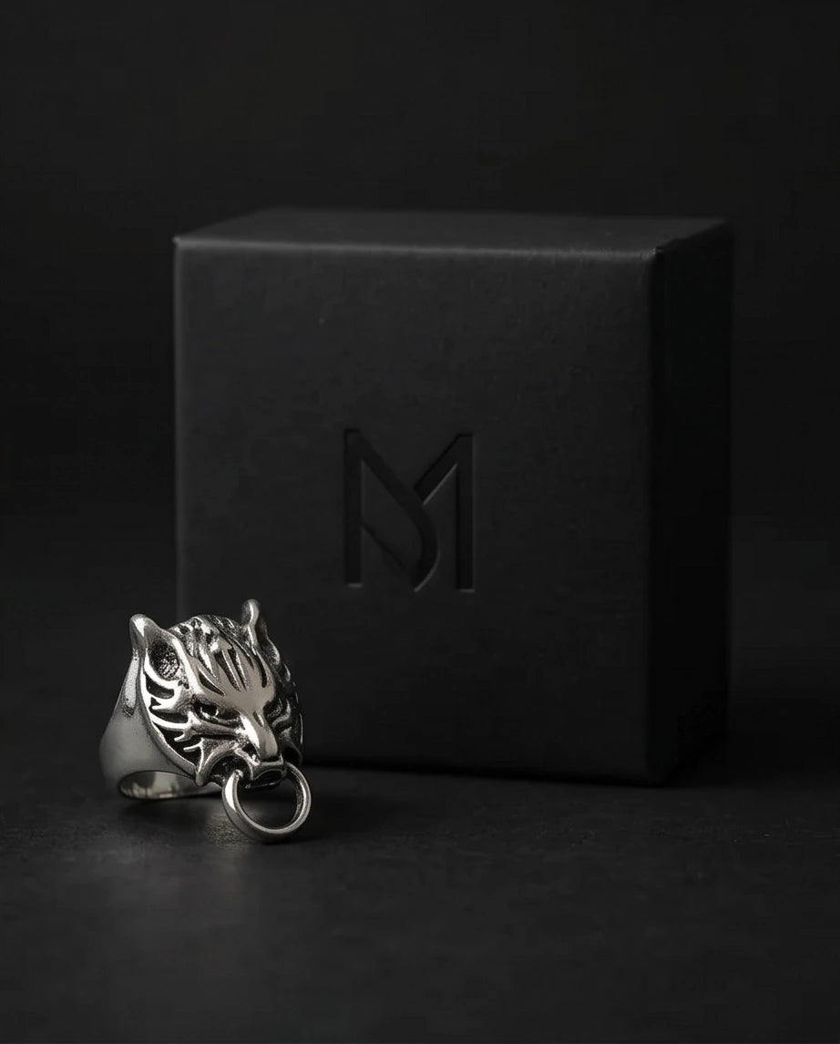 Vintage Silver Oxidized Viking Wolf Door Knocker Ring