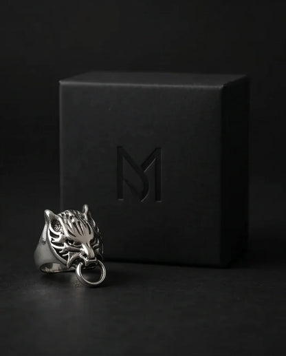 Vintage Silver Oxidized Viking Wolf Door Knocker Ring