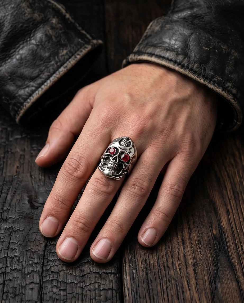 Crimson-Eyed Sculpted Skull Crest Ring