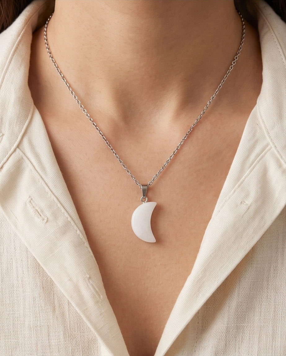 Silver Opal White Crescent Moon Pendant Necklace