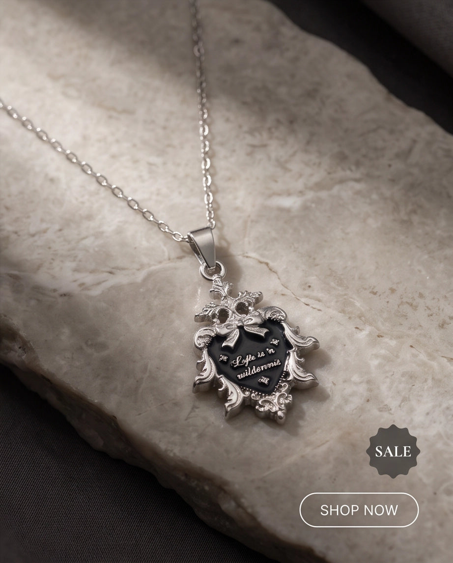 Silver Vintage Heart Engraved Black Enamel Pendant Necklace