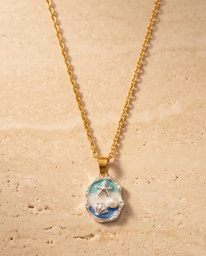 Silver Blue Seashell Starfish Pearl Enamel Medallion Chain Necklace