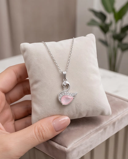Silver Pink Crystal Swan Pendant Necklace