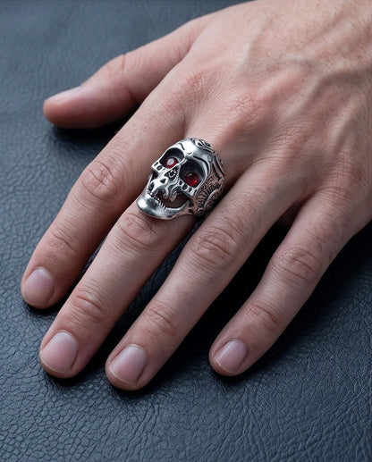 Ruby-Eyed Sculpted Sugar Skull Ring