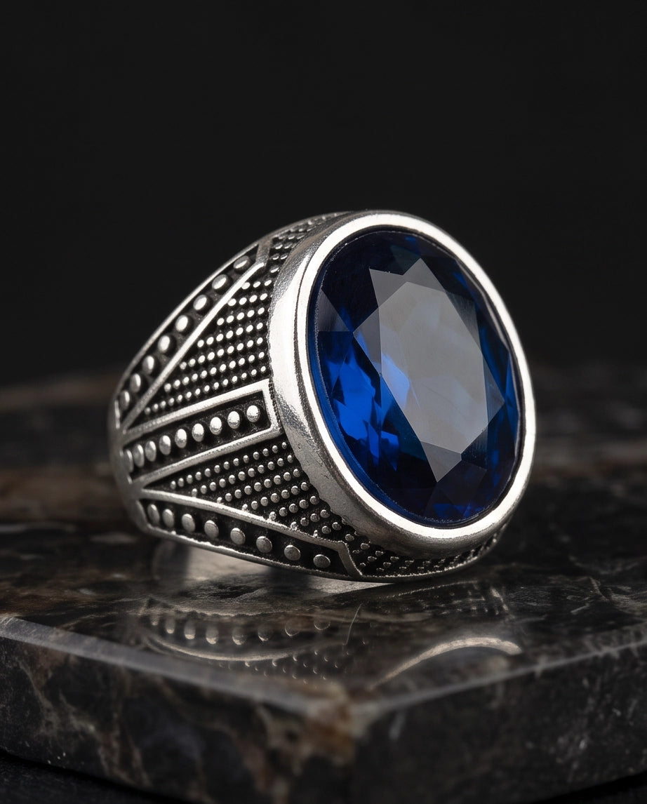 Sapphire Gemstone Beaded Smooth Bezel Chevron Stippled Silver Ring