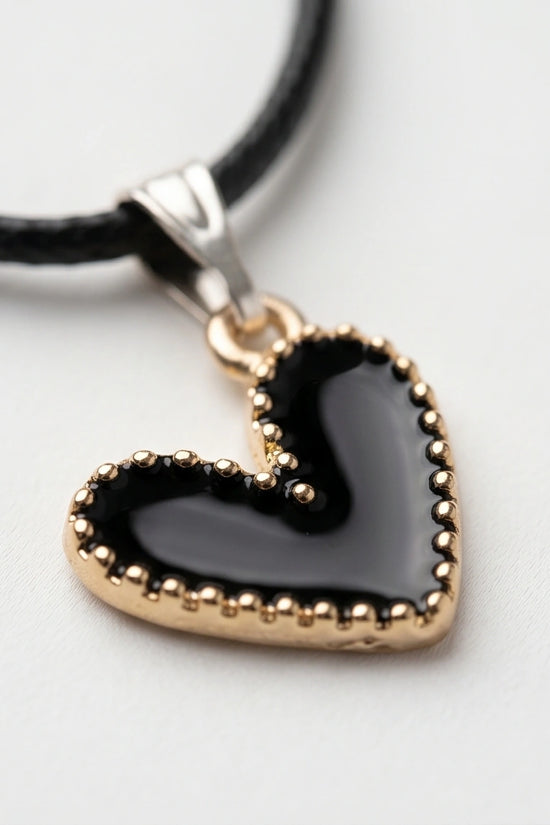 Gold Beaded Black Enamel Heart Necklace