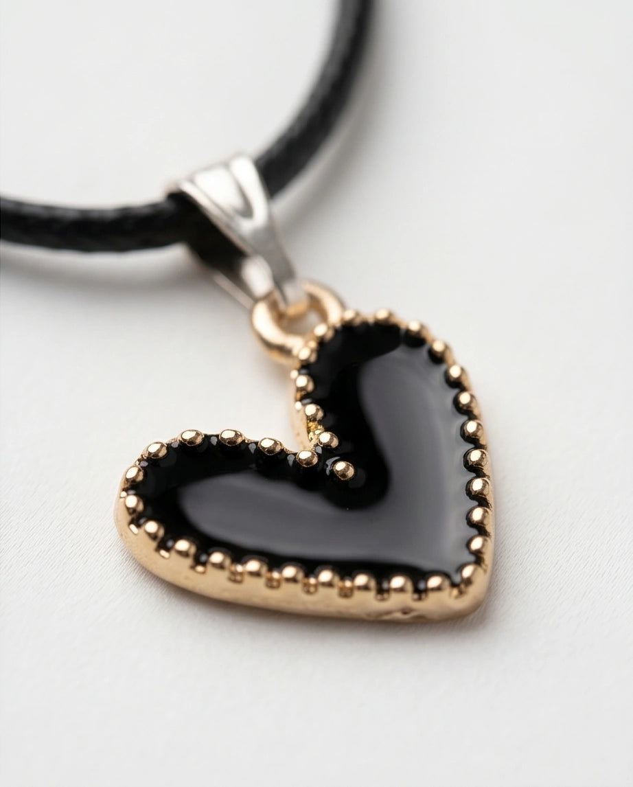 Gold Beaded Black Enamel Heart Necklace