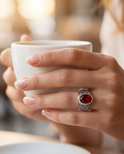 Ruby Gemstone Notched Bezel Stippled Silver Ring