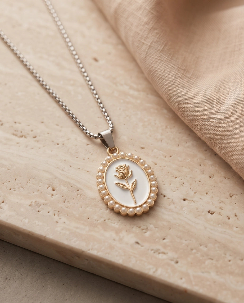 Gold Pearl Frame White Enamel Rose Oval Pendant Necklace