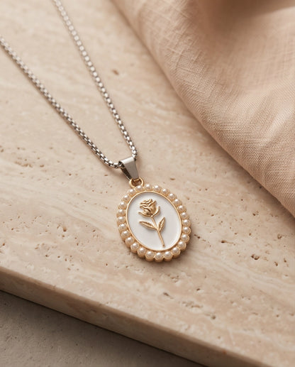 Gold Pearl Frame White Enamel Rose Oval Pendant Necklace