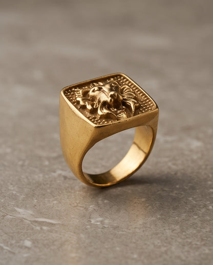 Sovereign Lion Stippled Cushion Signet Ring