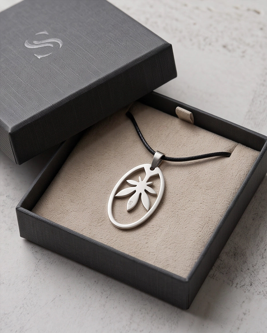 Brushed Silver Leaf Oval Cord Necklace