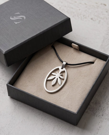 Brushed Silver Leaf Oval Cord Necklace