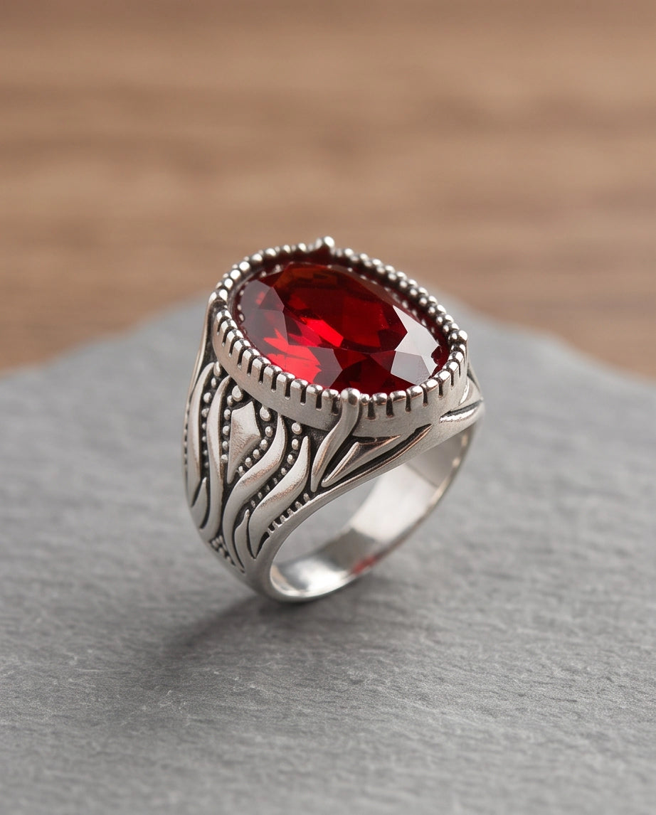 Garnet Gemstone Beaded Frame Flame Silver Ring