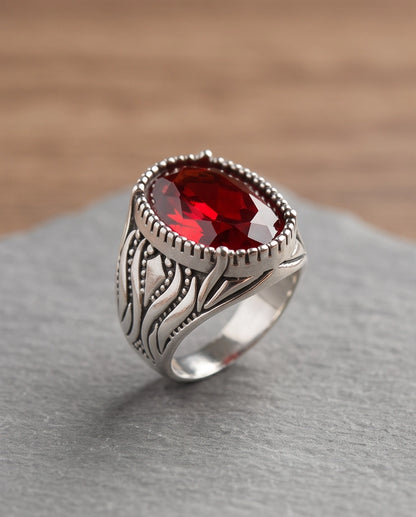 Garnet Gemstone Beaded Frame Flame Silver Ring