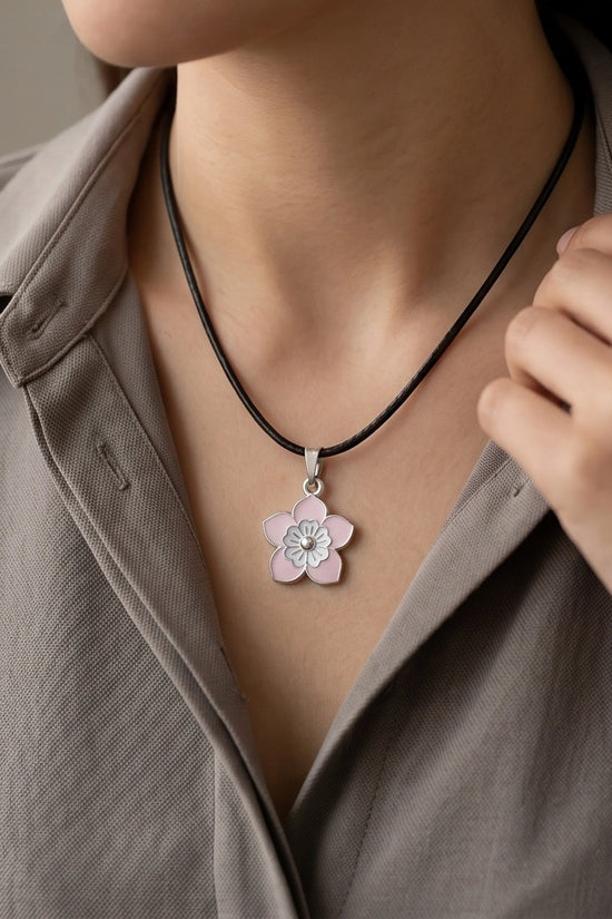 Delicate Pastel Pink and White Layered Floral Enamel Pendant Necklace