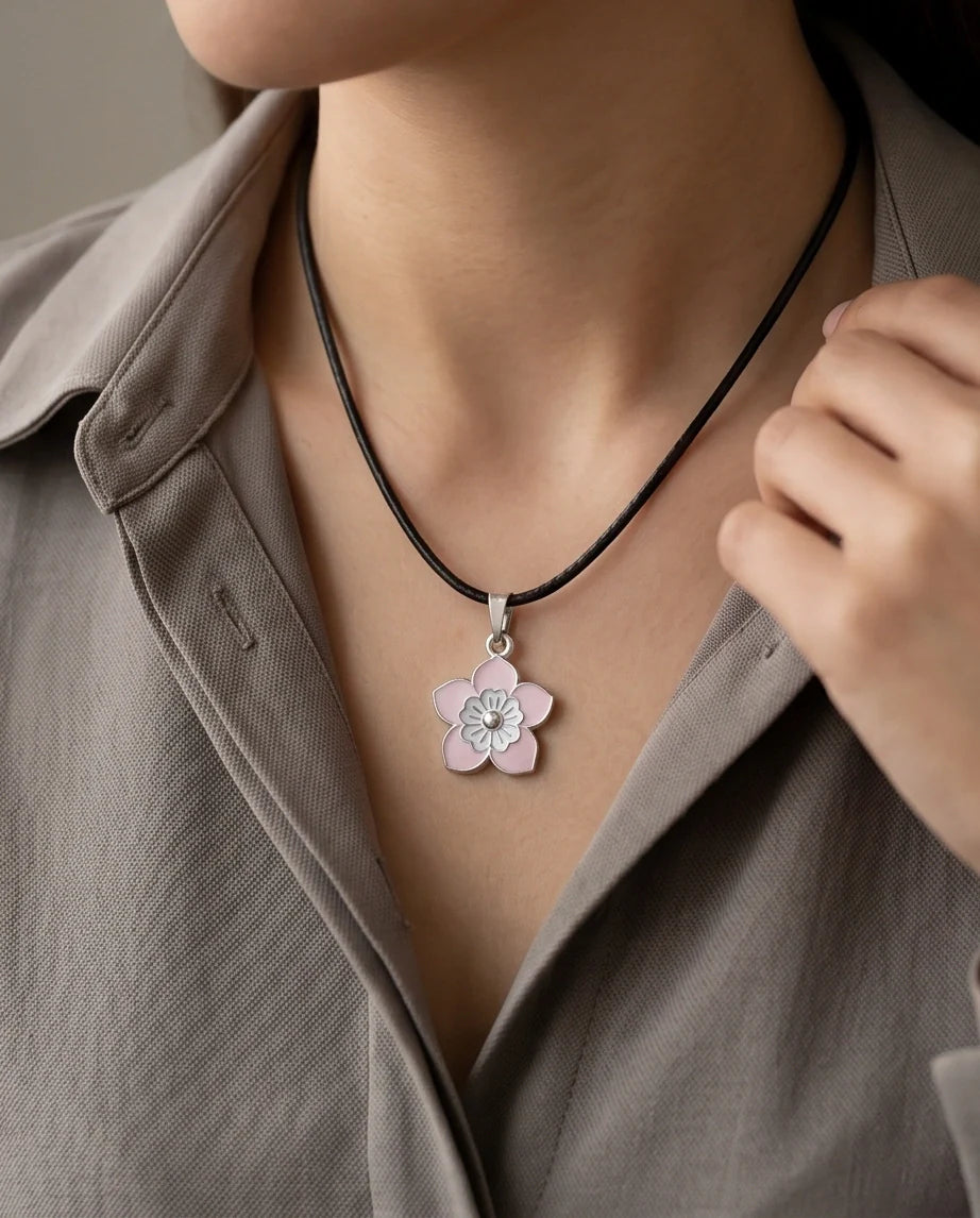 Delicate Pastel Pink and White Layered Floral Enamel Pendant Necklace
