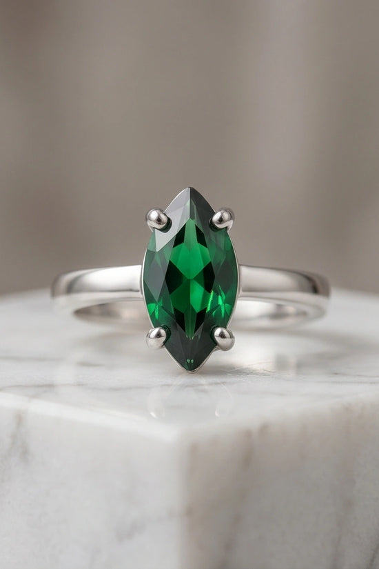 Sterling Silver Marquise-Cut Green Emerald Solitaire Ring
